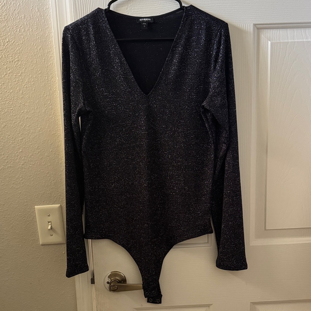 Express Glittery dark blue V-Neck Bodysuit